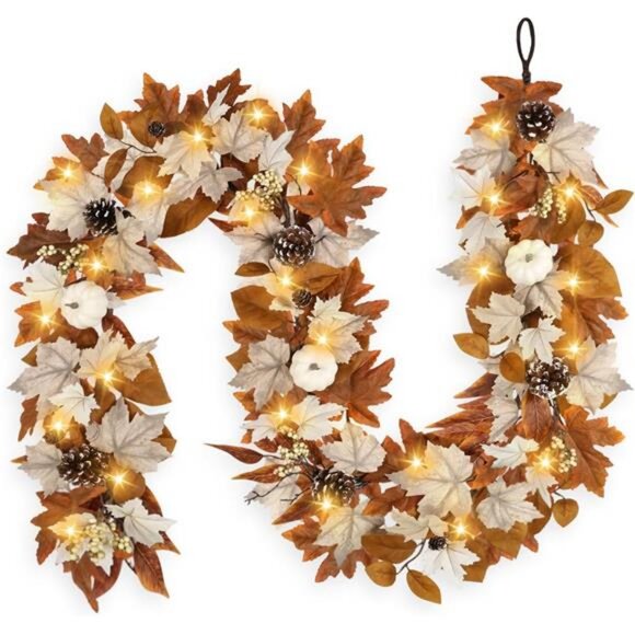 6 FT Fall Garland with Lights Automatic ON/Off Fall Leaves Mantle Garland - Picture 1 of 7